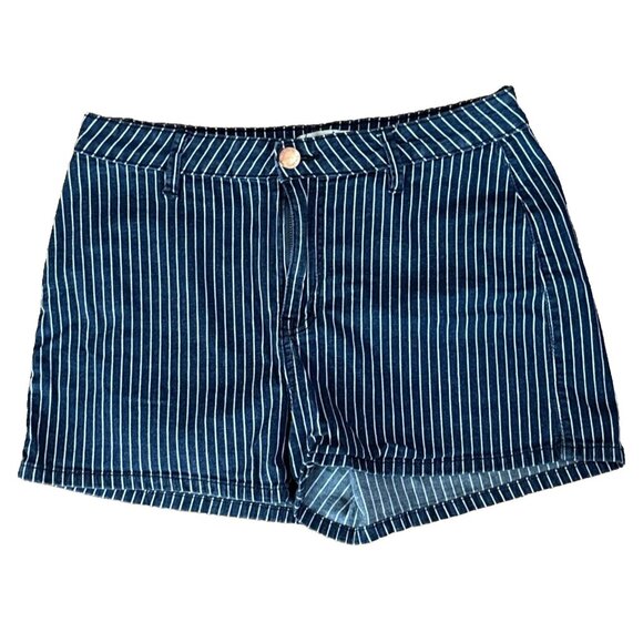 YMI Shorts High Rise Blue White Stripe Retro Slimming Pockets Dark 11/30" - Picture 1 of 8